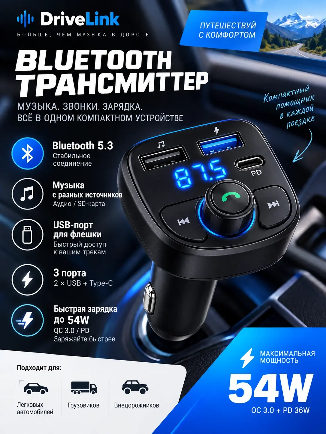 Карточка Bluetooth-трансмиттера для автомобиля