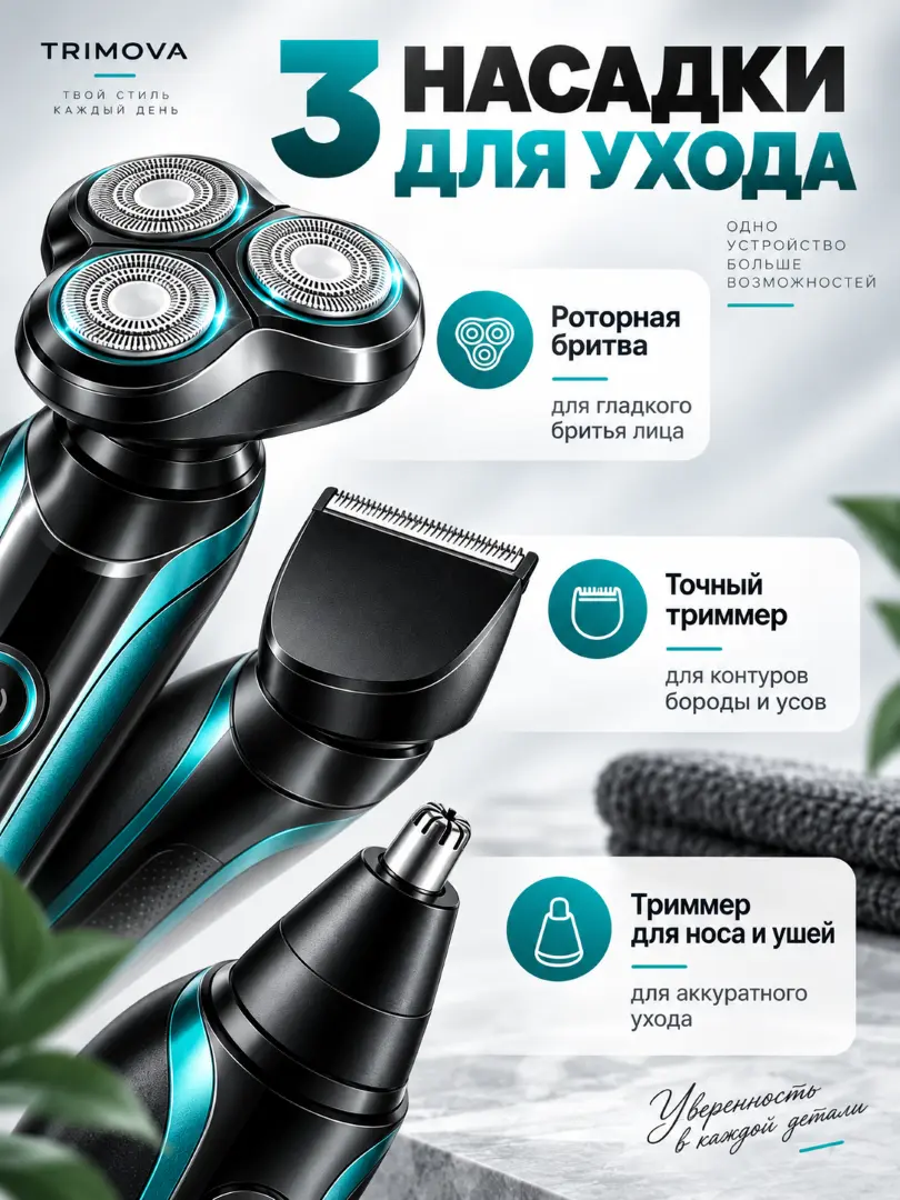 Инфографика трёх насадок электробритвы Trimova