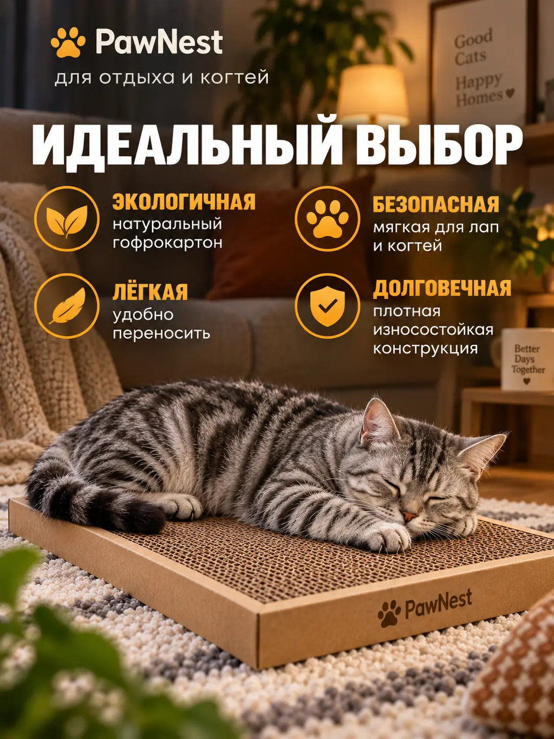 Слайд о безопасности и экологичном материале когтеточки