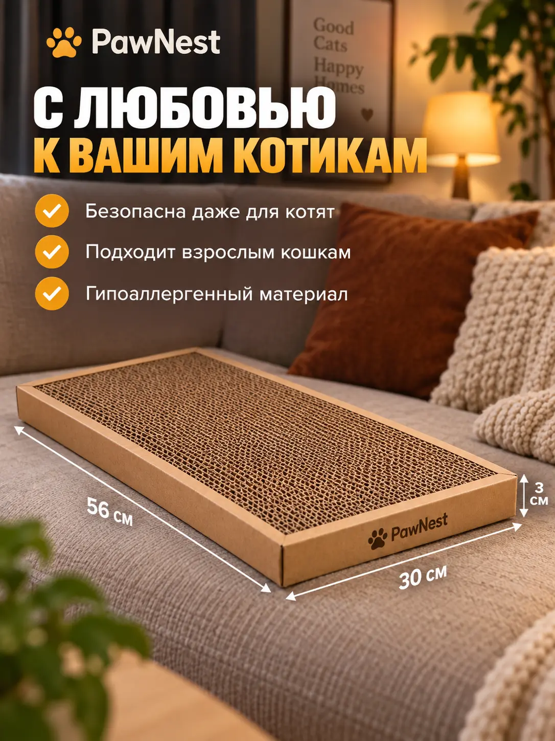 Инфографика размеров и преимуществ когтеточки-лежанки